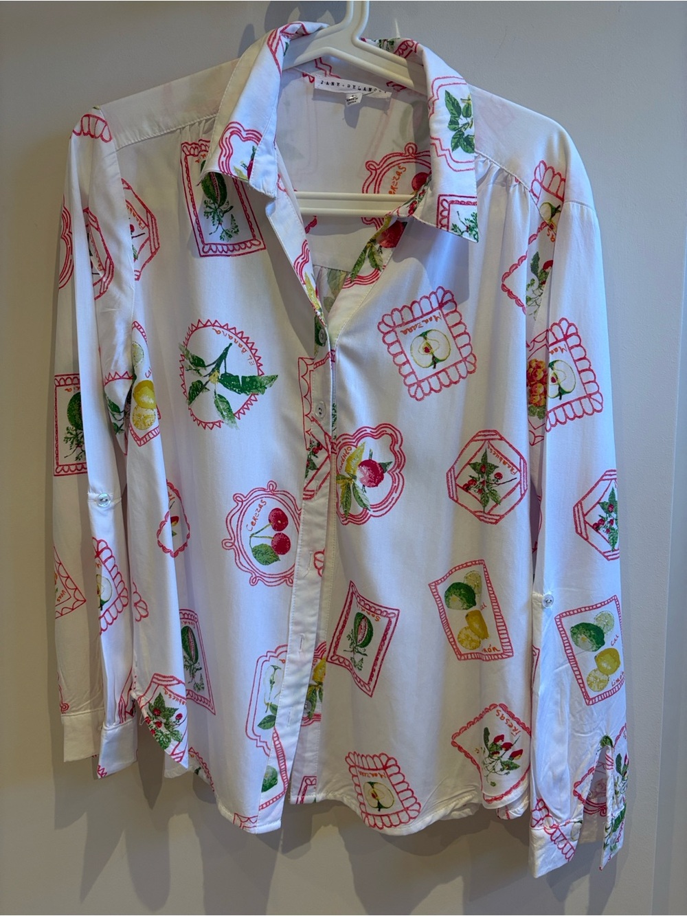 Jane and Delancey White Button Down Shirt with Red and Green Print small size - Picture 6 of 11